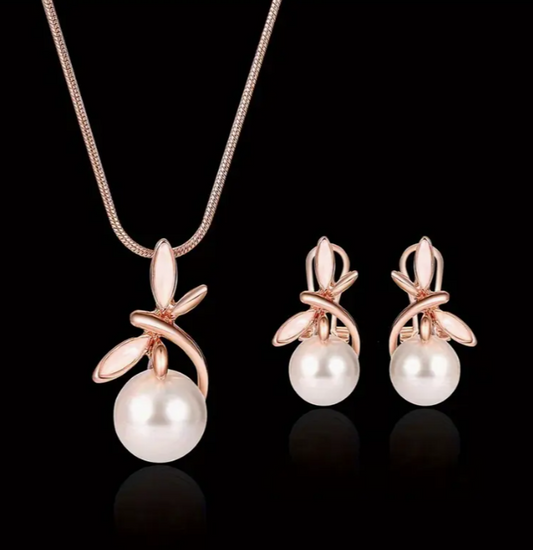 Vintage Elegant Alloy Jewelry Set, Dragonfly Imitation Pearl Pendant Necklace