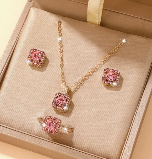 4pcs/Set Elegant Luxury Women's Square Pendant Jewelry Set 1pc Necklace+1pc Ring+2pcs Earrings