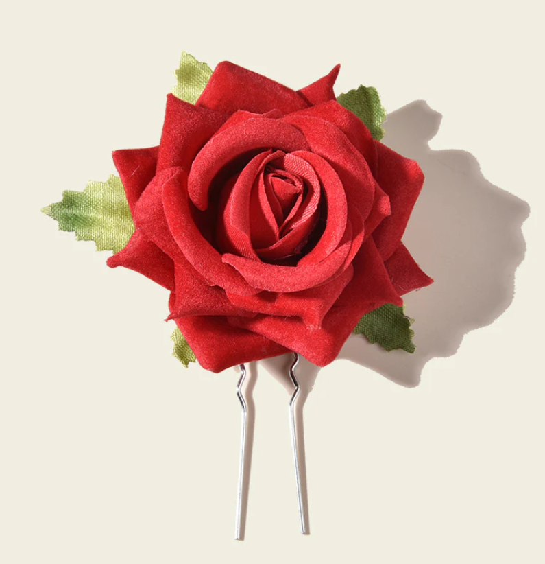 1Pc Red Rose Flower Hair Pin - Silver