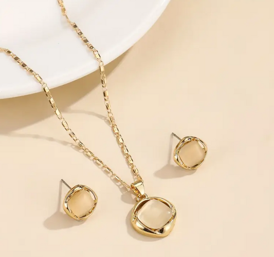 1 Pair Dangle Earrings +1pc Necklace with Rotating Round Square Artificial Stone Design Jewelry Set