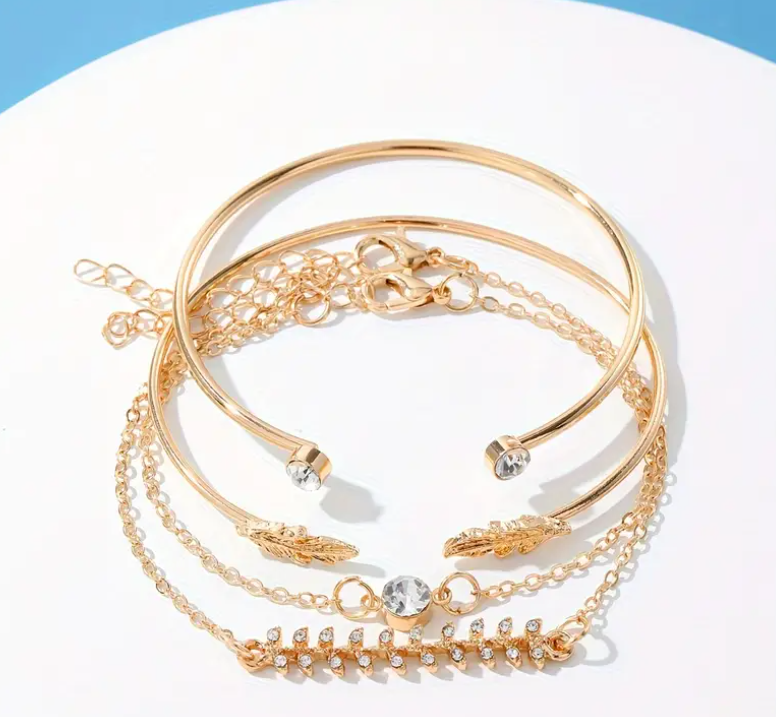 Boho-Chic 4pcs Wheat & Leaf Rhinestone Bracelet Set