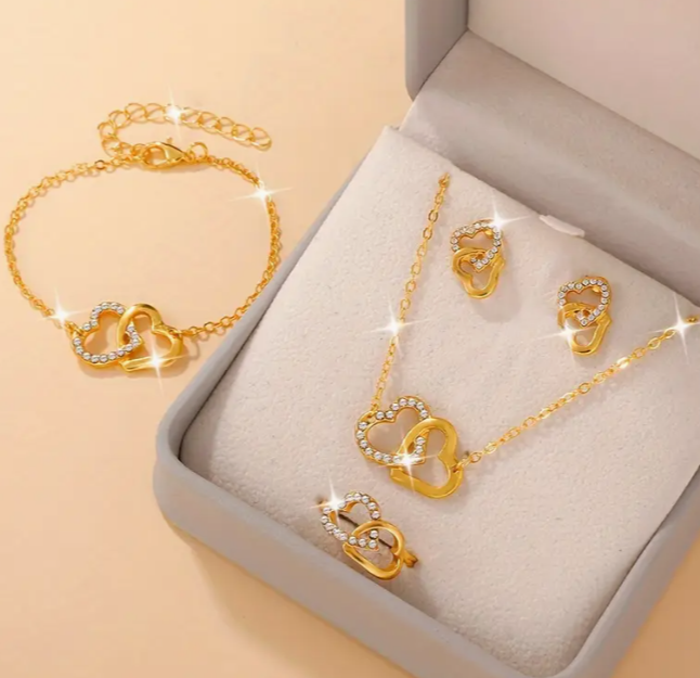 pcs/Set Elegant Romantic Heart Shaped Women's Jewelry Set, Sparkling Exquisite Jewelry Set, 1pc Necklace+1pc Ring+2pcs Earrings+1pc Bracelet,