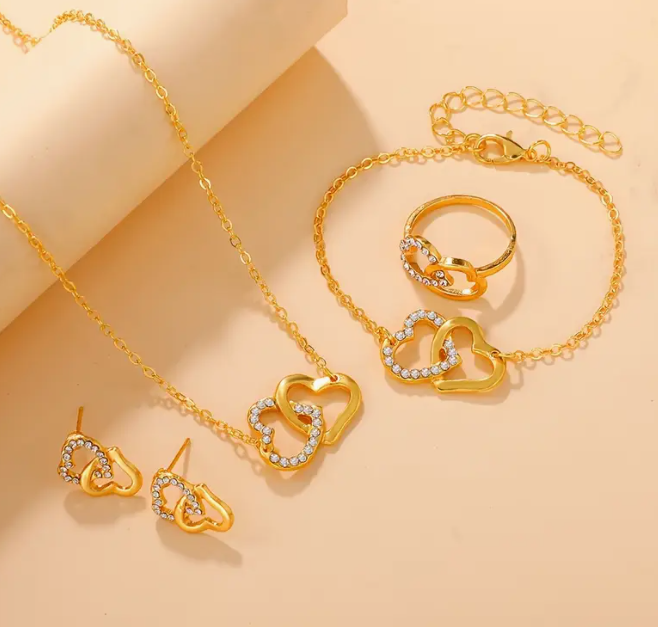 pcs/Set Elegant Romantic Heart Shaped Women's Jewelry Set, Sparkling Exquisite Jewelry Set, 1pc Necklace+1pc Ring+2pcs Earrings+1pc Bracelet,