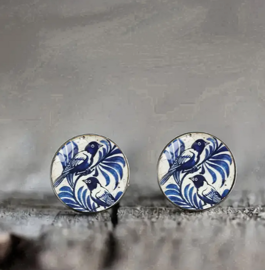 1Pair Vintage Blue & White Porcelain Bird Stainless Steel Stud Earrings Small